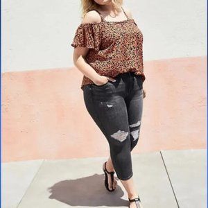 Torrid 3X Lace-Up Cold Shoulder Blouse - Georgette Leopard Print